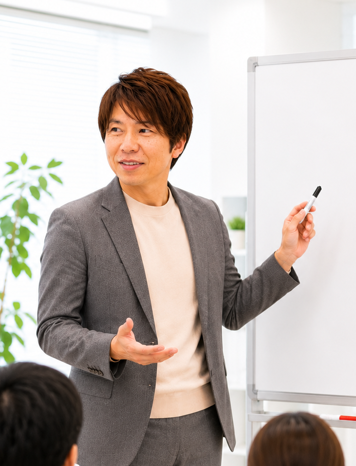 主催者 竹原興紀がホワイトボードの前で話している様子